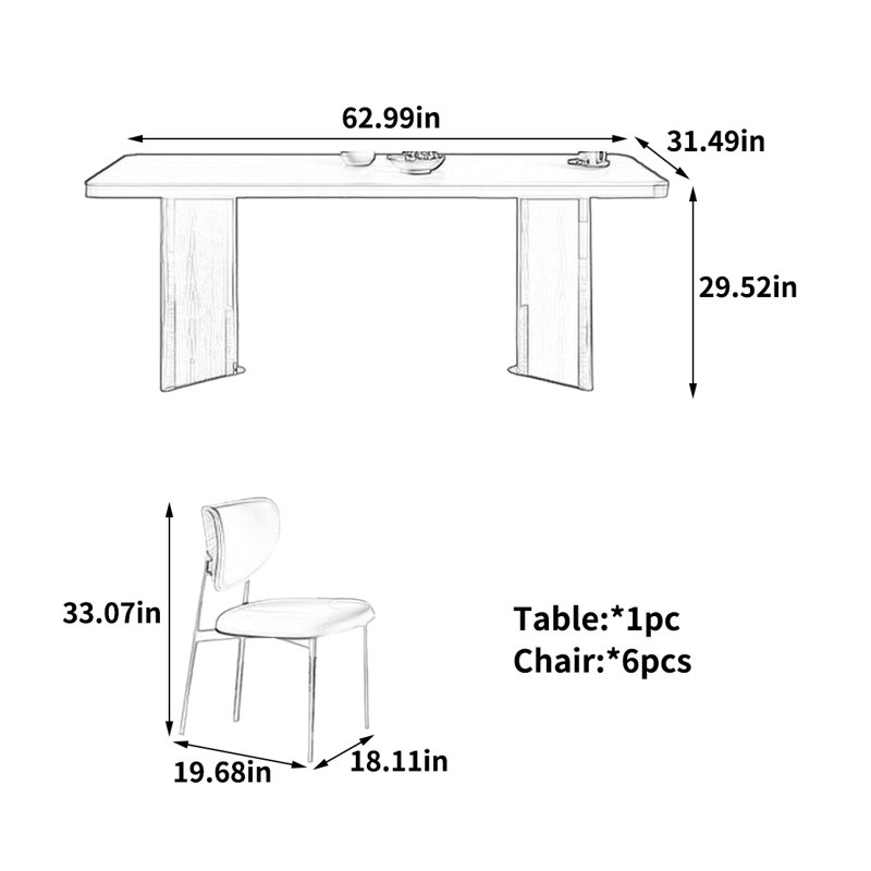 Table de salle à manger élégante, 29.52" H x 62.99" W x 31.49" D, 7 pièces : table, 6 chaises