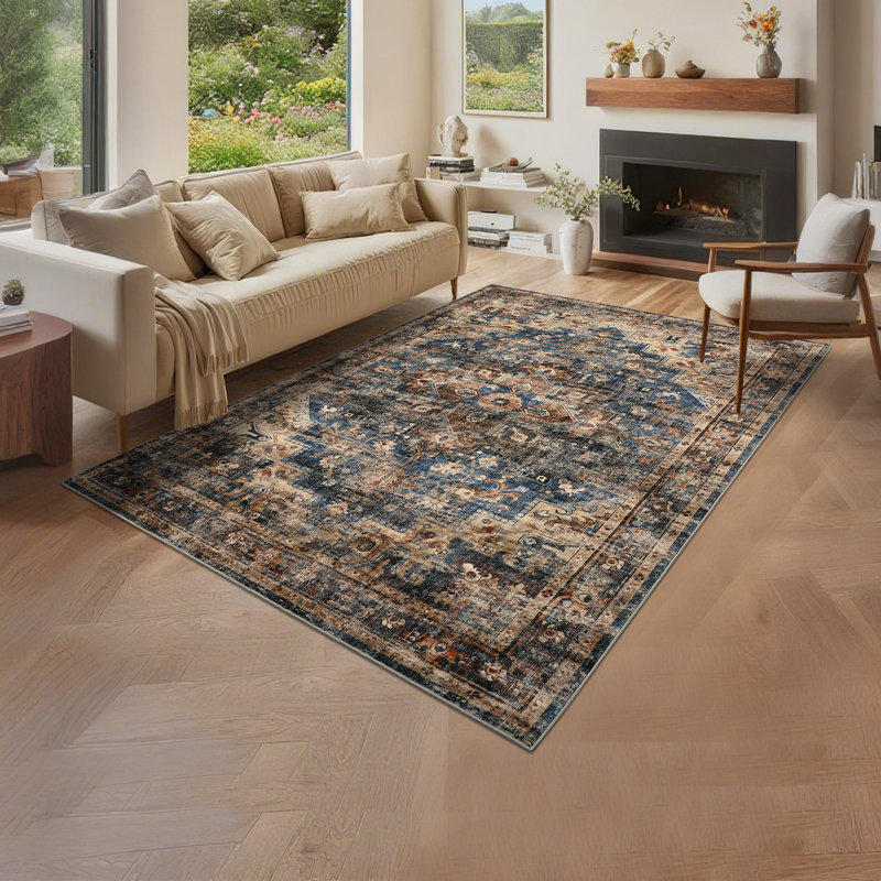 Machine Washable Area Rug Soft Rugs for Living Room Vintage Rug for Bedroom Dining Room Non-Slip Stain Resistant Under Table Rugs