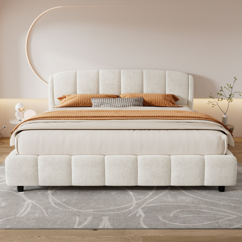 Lit plateforme très grand avec boucle, lit plateforme tapissier en tissu doux avec tête de lit courbée, beige
