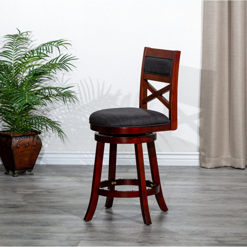 Counter Height Swivel Stool, Cherry Finish, Charcoal Fabric Seat & Charcoal. Hardwood Construction. 360-Degree Rotation. Padded Seat. Stable Flared Legs. Simple Assembly Required