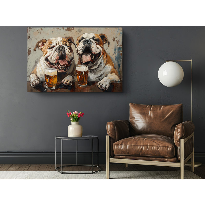 «Deux bouledogue avec bière», impression d'art mural moderne pour la maison et le bureau, H 24 po x l 36 po