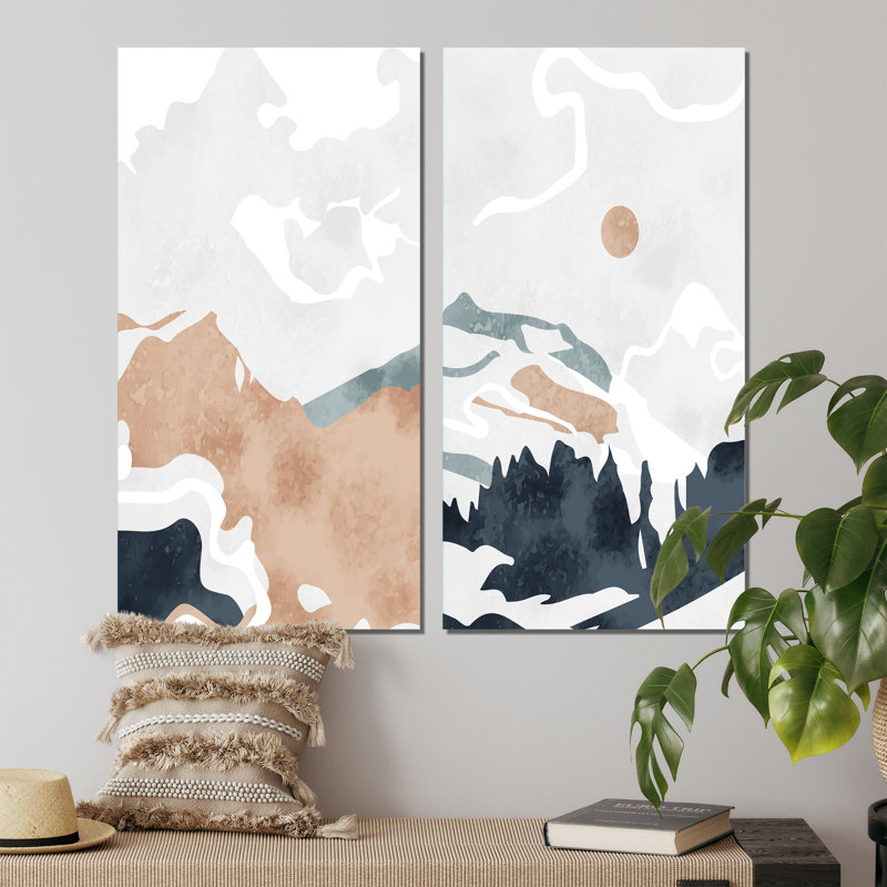 Ensemble de 2 impressions graphiques - Montagne pleine lune dans un paysage abstrait rétro II, Toile tendue