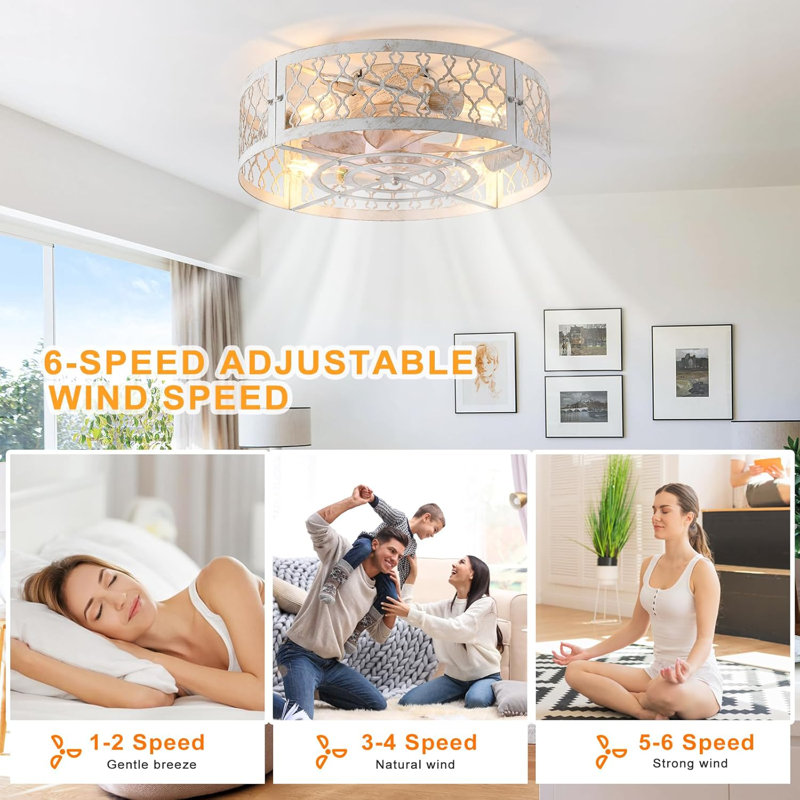 20" Caged Ceiling Fan With Light, Flush Mount Bladeless Fandelier With Remote, Farmhouse Low Profile Fan For Bedroom, Dining Room, White Gold