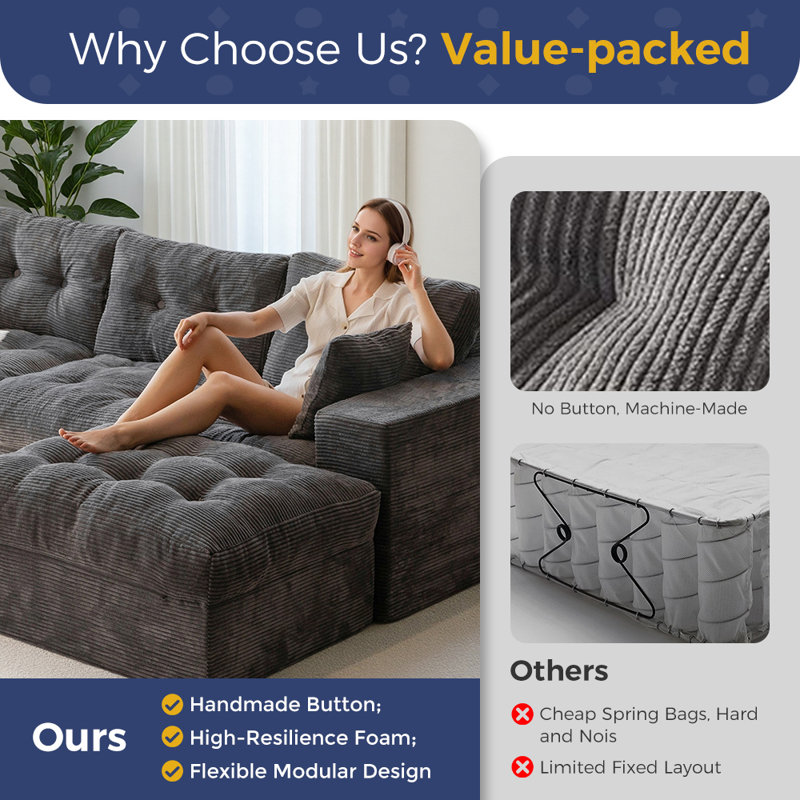 104"Cloud Modular Sectional Sofa,No Assembly Required Boneless Couch, Dgrey Corduroy