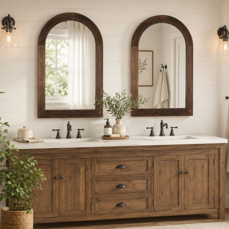 Ensemble de 2 miroirs muraux arqués en bois brun 2 pièces 20 po x 30 po, Brun