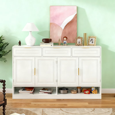 Buffet Farmhouse avec 3 tiroirs, 4 portes, tablette réglable et compartiments de rangement ouverts