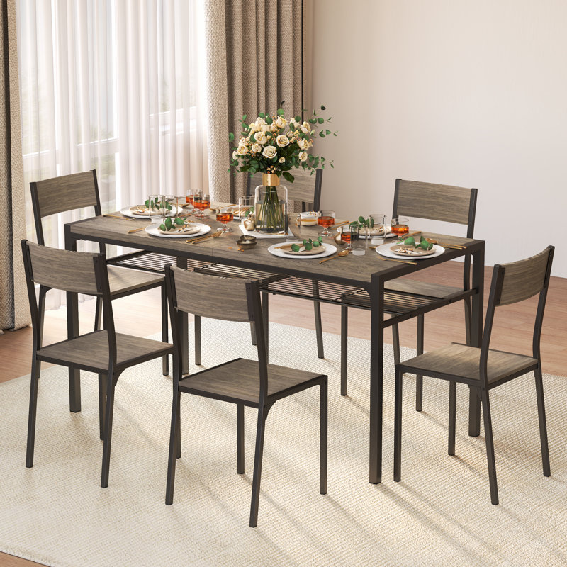 7-Piece 6-Person Rectangular Dining Set with Under-Table Storage and Tuck-Under Chairs, Brown, Brown