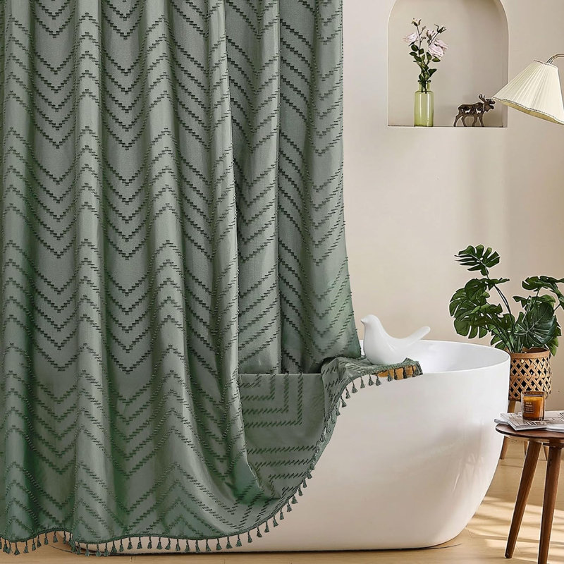 Rideau de douche vert sauge pour salle de bain Boho