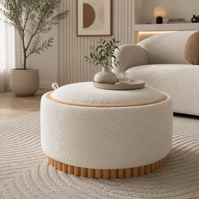 Repose-pieds de rangement rond 29 po avec pieds en bois massif, table basse moderne avec couvercle réversible, structure en bois, tissu chenille
