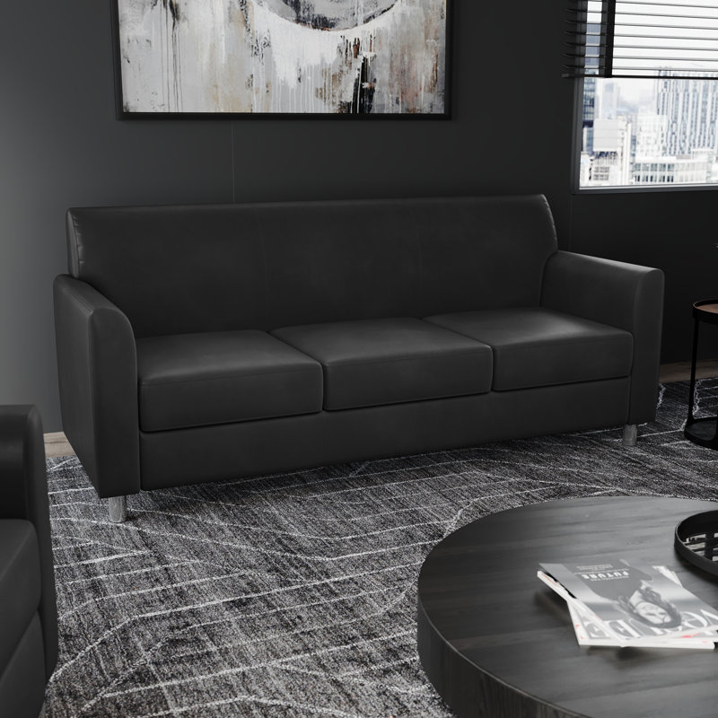 Statice Diplomat Series LeatherSoft Sofa with Clean Line Stitched Frame, Black, Chrome