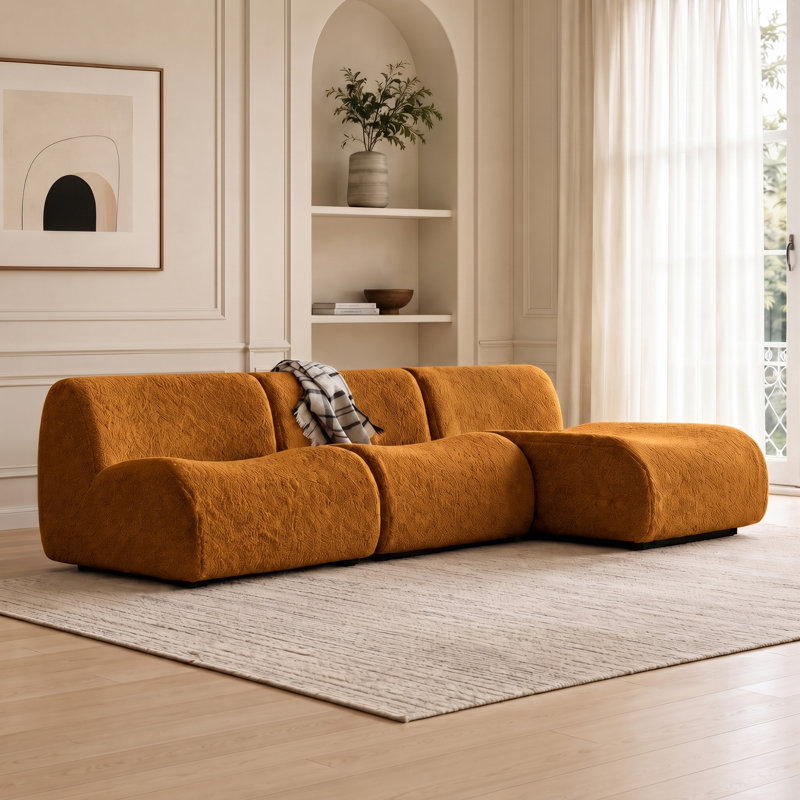Canapé modulaire incurvé incurvé en forme de L avec méridienne, capitonné 106,3 po, sans assemblage, Teddy - brun