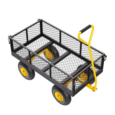 Chariot de jardin en acier robuste avec capacité de 900 lb, côtés grillagés convertibles en plateau, roues tout-terrain de 10 pouces et poignée rotative à 180 ° pour une maniabilité maximale.
