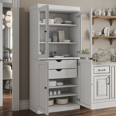 100% Solid Wood Pantry Cabinet, Shaker & Clear Glass Doors, 2 Drawers, Adjustable Shelves, 32" Wide, 71.5" Tall by Hokku Designs