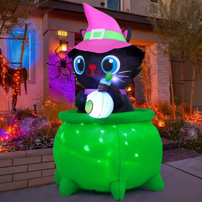 Pot gonflable illuminé pour chat 6 pi avec chaudron et bouteille d'eau magique Halloween 