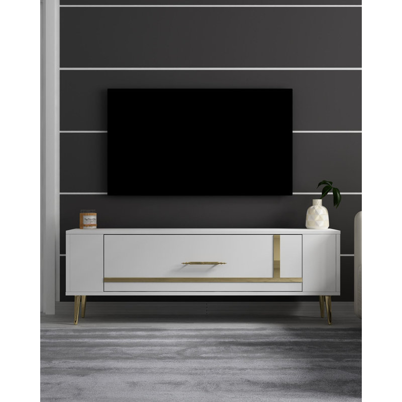 Catena Modern White and Gold TV Stand, 47.2 x 19.0 x 10.4 inches | 100% Melamine Coated Particle Board | Wall-Mountable Design, 34.1-inch Shelf | Stylish Glam Home Furniture for Living Room & Entertainment Areas