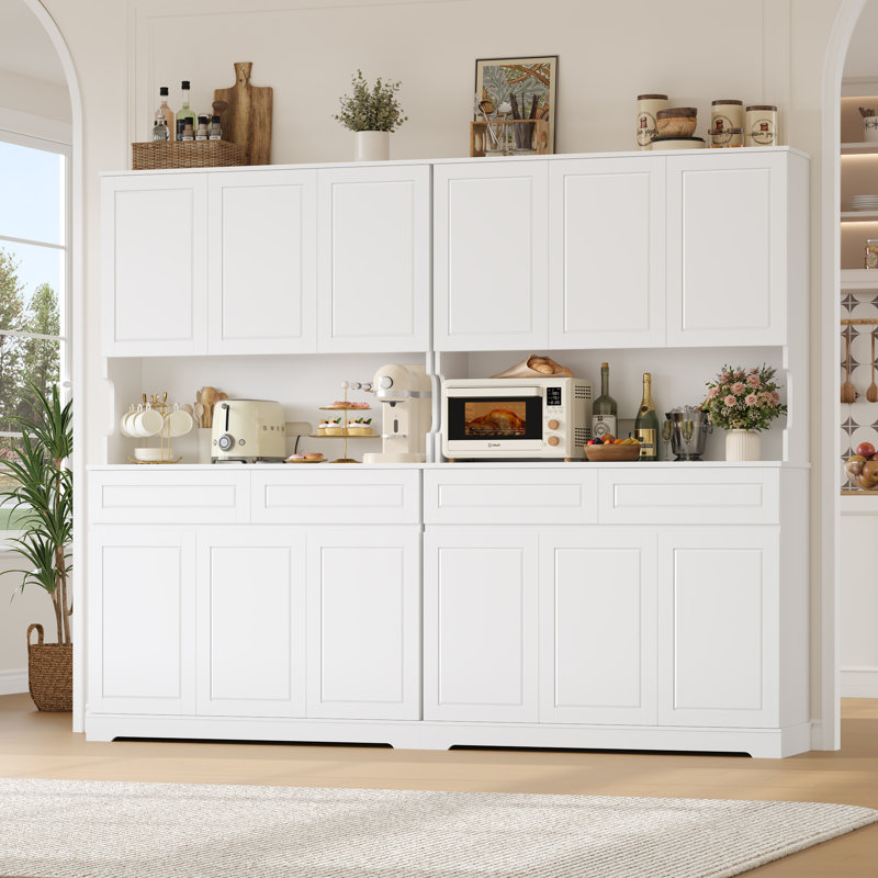 Garde-manger en bois 74 po avec tablette à micro-ondes et tablettes réglables, blanc, Blanc