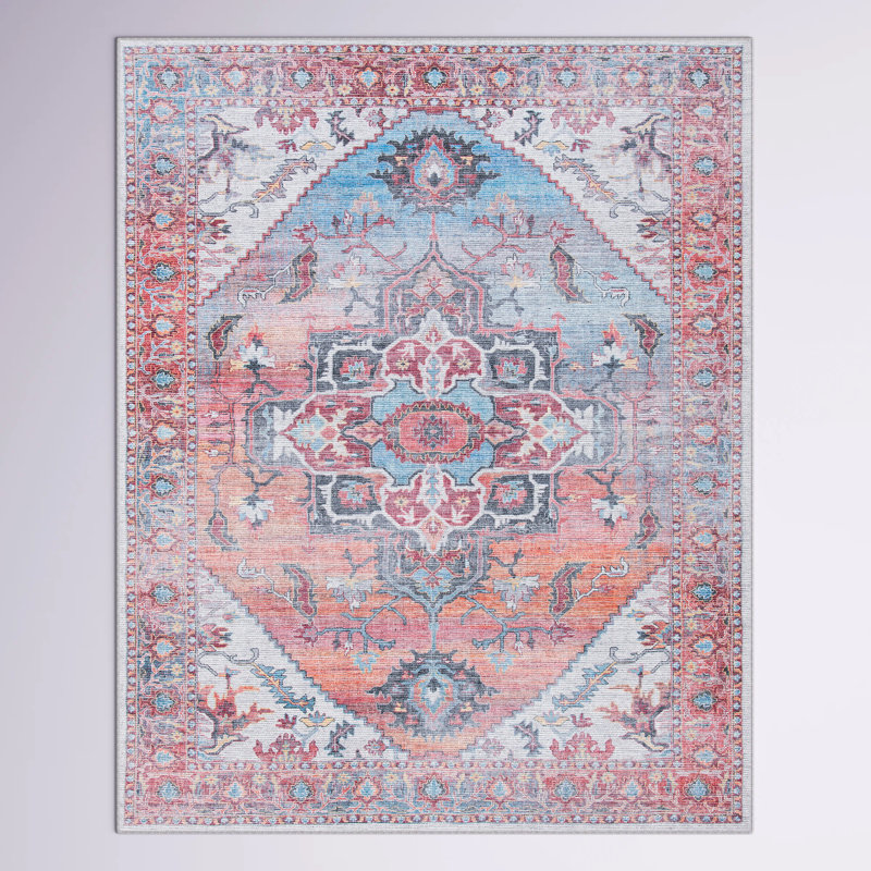 Katelyn Oriental Pink/Blue/Black/Ivory Area Rug, Rectangle 8' x 10'