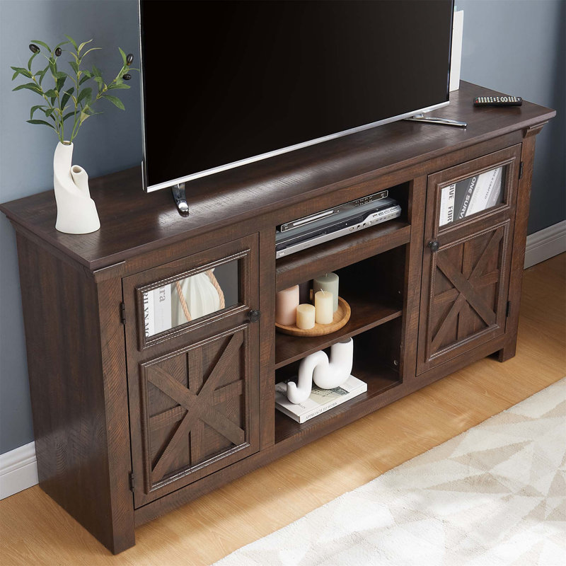 Meuble télé Farmhouse avec portes de grange, grande console de divertissement, tablettes réglables, gestion des câbles et conception classique