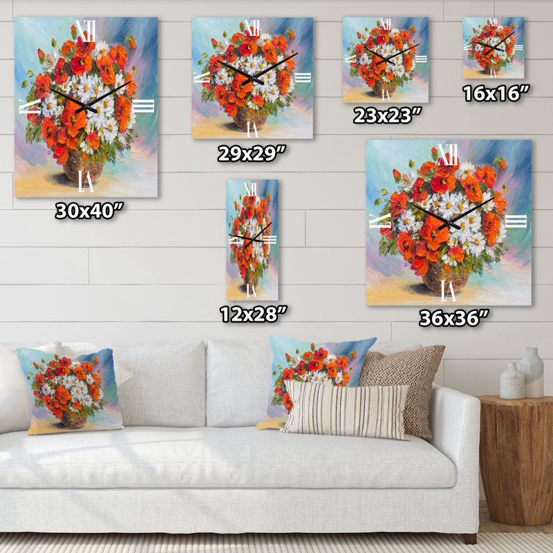 Nature morte au bouquet de coquelicots et de marguerites - Horloge murale traditionnelle, Grand