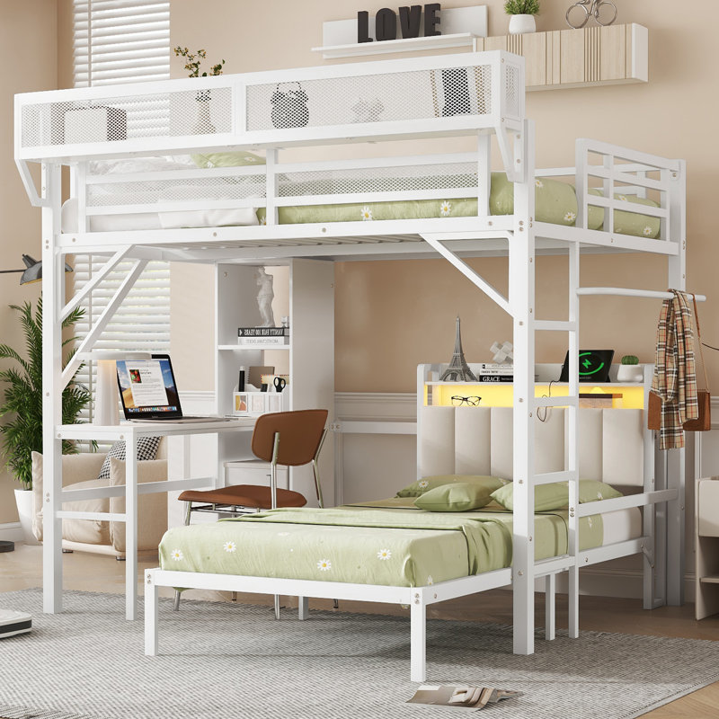 Lit double superposé au dessus d'un lit double avec bureau avec DEL, Blanc