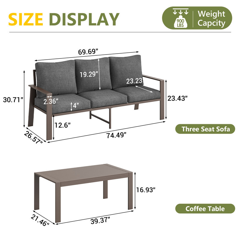 Aluminum Outdoor  3 Person Patio Sofa With Coffee Table, Gray