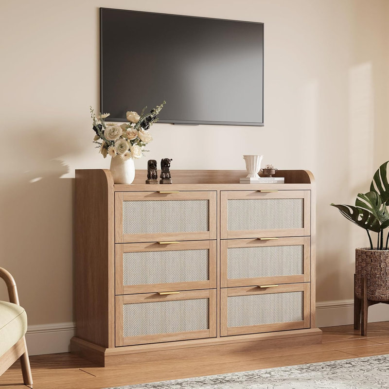 Farmhouse 6 Drawer Dresser, Rattan Chest of Drawers with Spacious Tabletop & Raised Edges, Compact Wood Storage Organizer for Bedrooms, Living Rooms, Entryways