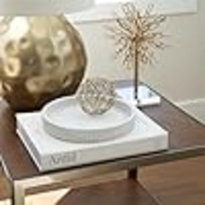 Decorative Concrete Tray & Book Decor Set - Scalloped Tray & Linen Box Enhance Your Coffee Table Or Bookshelf Decor - Stylish Home Decoration For Your Living Or Dining Room & As A Housewarming Gift