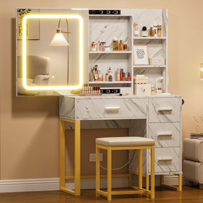 Vanity Set with LED Mirror & Lights, 57" Makeup Table with Charging Station, 3 Lighting Modes, 4 Drawers & Shelves, Elegant Vanity Set with Cushioned