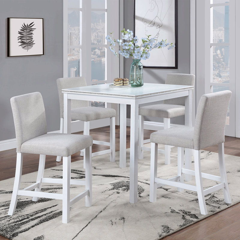 5 Piece Counter Height Table Set, Wooden Kitchen Table Set With Square Table And 4 Upholstered Chairs, Counter Height Dining Table With Crystal Decoration And Chair Set For Kitchen, Dining Room,White