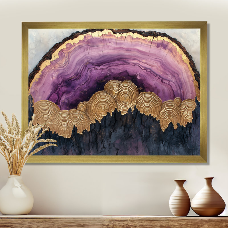Forêt, rivière de cristal améthyste III - forêt, art mural, H 30 po x l 40 po, Cadre simple, Doré