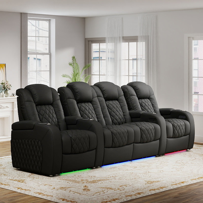 Upholstered Power Reclining Home Theater Seating with Cup Holder, Black