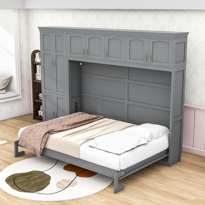 Grand lit escamotable avec armoires et tablettes, Gris