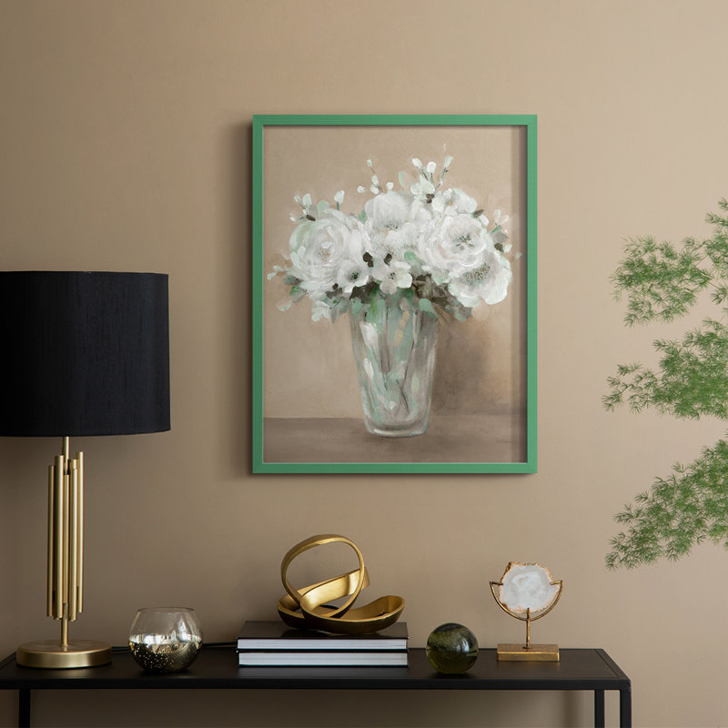 White Blooms Framed Print - Solid Wood, 21" H x 17" W, Green