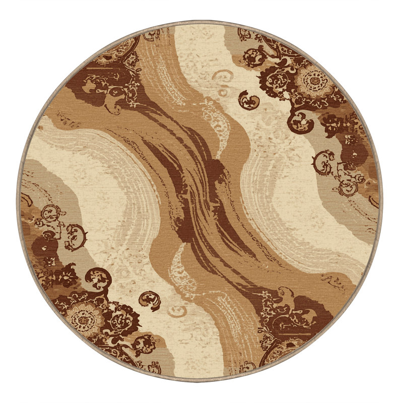 Tapis oriental ovale classique lavable à la machine en brun - reliure beige, Rond 7 pi