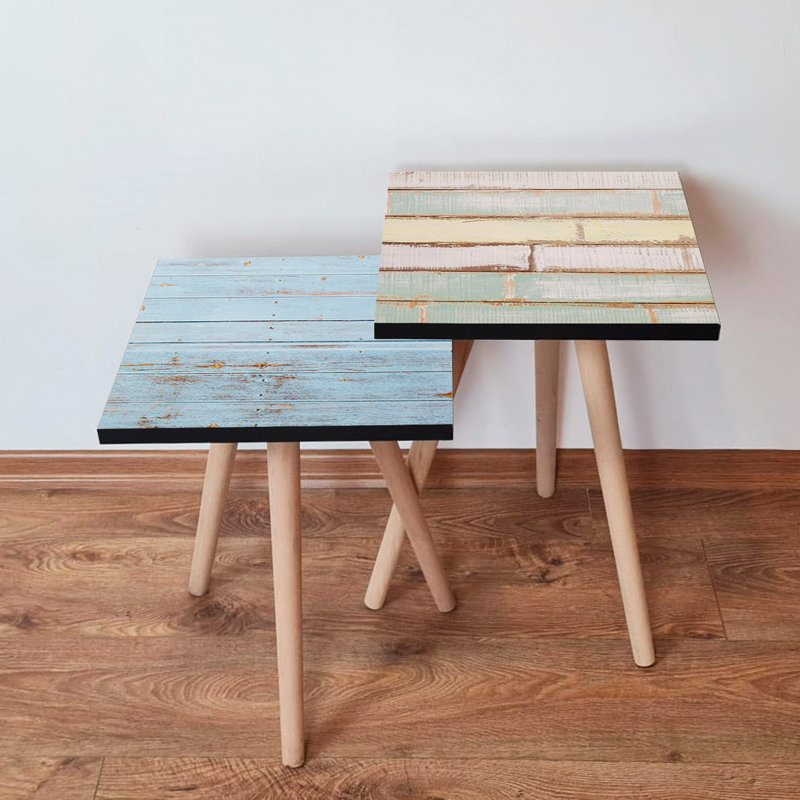 Modern Nesting Table Set (2 Pieces), Blue, Green, Yellow & White, 13.8 x 18.5 x 13.8 inches & 13.8 x 16.5 x 13.8 inches | 100% MDF with Beech Wood Legs, Stylish Scandinavian Design for Home & Office Use
