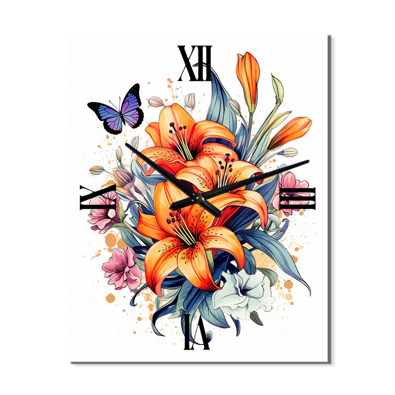 Horloge murale papillon fantaisiste et lys colorés, Grand