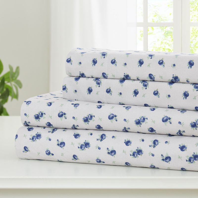 Blue Floral Print Microfiber Full Sheet Set