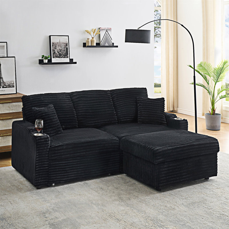 Canapé rembourré avec porte-gobelets et repose-pieds, Noir