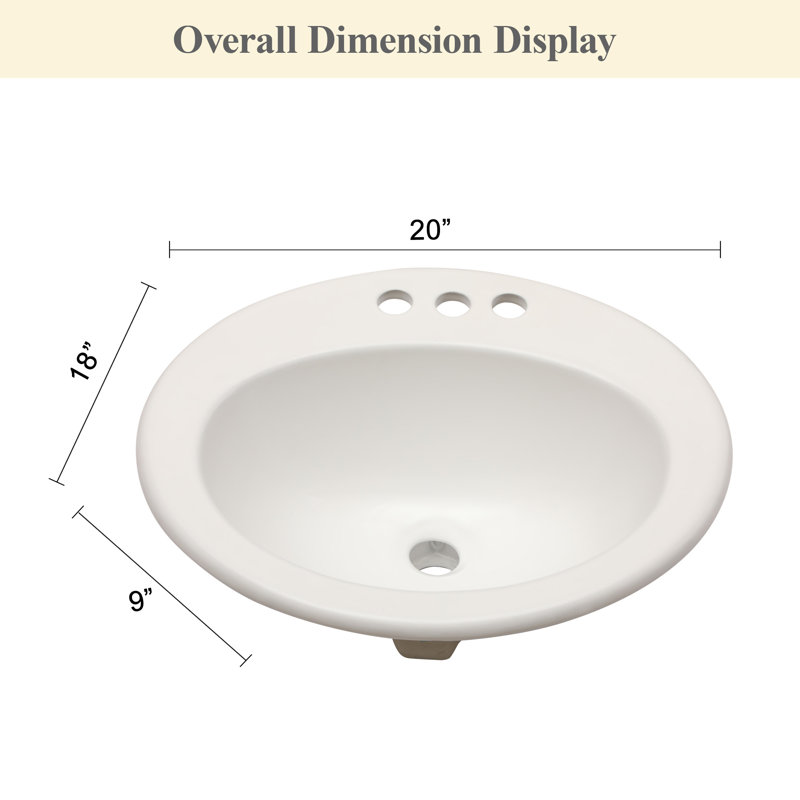Lavabo de salle de bain ovale encastré en céramique blanche 20 po x 18 po, avec meuble-lavabo supérieur à 3 trous pré-percé et trop-plein