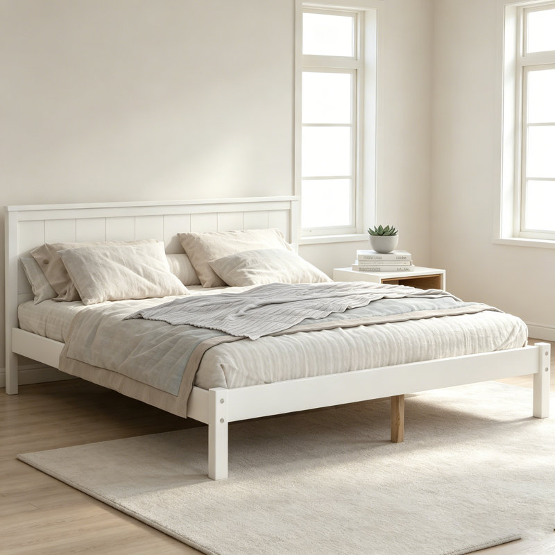 Élégante base de lit plateforme pleine grandeur avec tête de lit, support en lattes de bois, aucun sommier requis, finition blanche