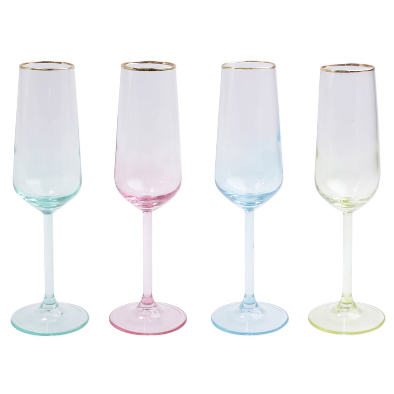 Assorted Multicolor Glass Champagne Flute Set with Gold Rim