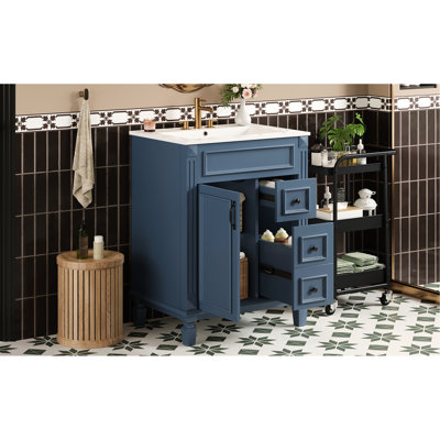Meuble-lavabo de 61 cm avec lavabo, idéal pour les petits espaces, 2 tiroirs, tablette réglable, charnières à fermeture douce