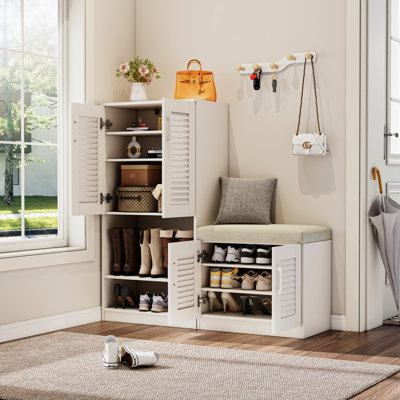 Freestanding Shoe Rack With Bench & 7+3 Storage Compartments, White, Adjustable Layer Board For Entryway, Hallway, Compartments Cabinet Bench, Home