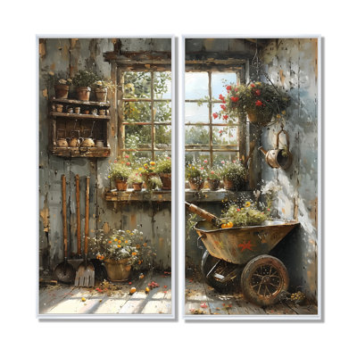 Gris et vert, abri de jardin charmant et rustique - art mural bleu campagne, 2 pièces
