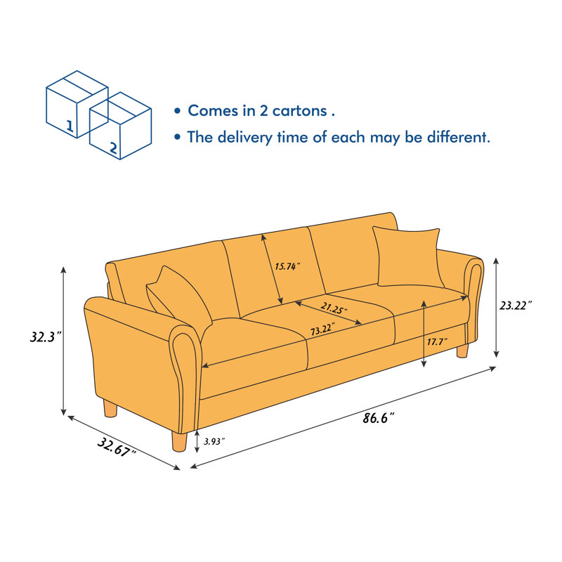 86.6'' Faux Leather Sofa, Caramel Tan Brown Faux Leather
