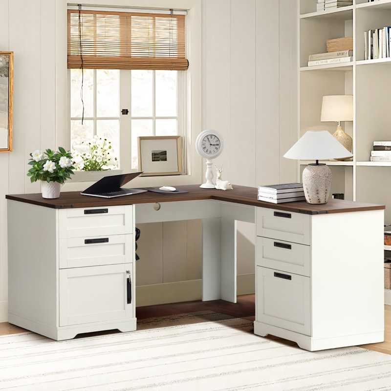 Bureau de direction en L avec tiroirs, bureaux à domicile avec station de charge, tiroir classeur, armoire de rangement réglable verrouillable, grande table d'ordinateur d'angle pour le travail et les études