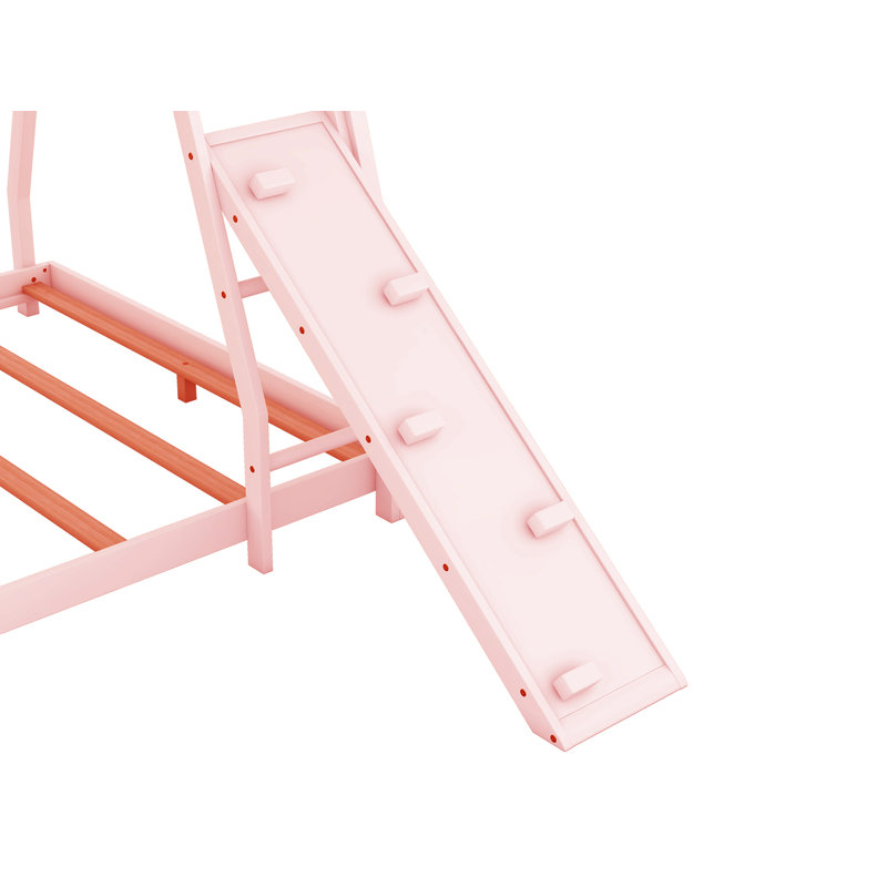 Twin over Queen House Bunk Bed with Climbing Nets and Climbing Ramp, Pink
