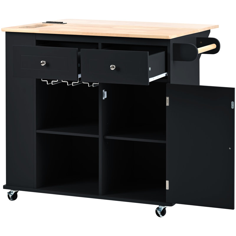Black Kitchen Cart With Power Outlet And Drop Leaf. Large Capacity, Wine Rack. Construction Easy Mobility Incorporated Island In Black. Down Leaf Function, Cellar, Space Solution