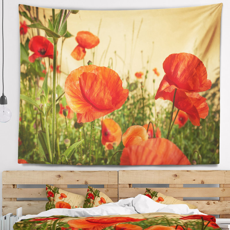 Tapisserie de champ de coquelicots rouges colorés, H 32 po x l 39 po