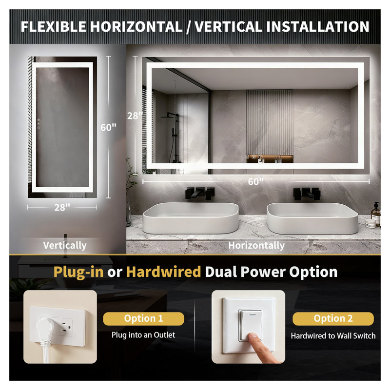 Miroir de salle de bain 60 po x 28 po à DEL avec éclairage avant et arrière, miroir de meuble-lavabo à intensité variable, 3 températures de couleur, antibuée, imperméable IP44, montage horizontal ou vertical